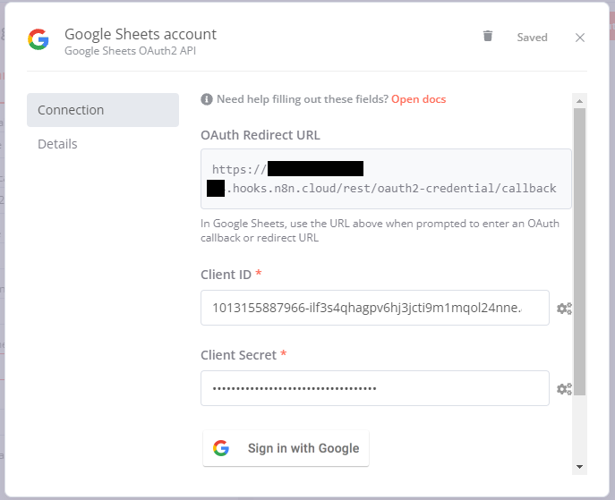 n8nのGoogle Sheetsノード、Google SheetsアカウントでClient IDとClient Secretを設定した状態