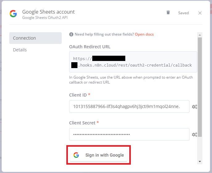 n8nのGoogle Sheetsノード、Google SheetsアカウントでClient IDとClient Secretを設定した状態
