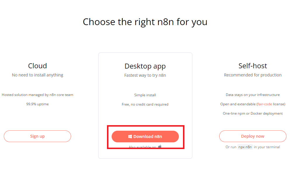 n8n利用方法の選択画面